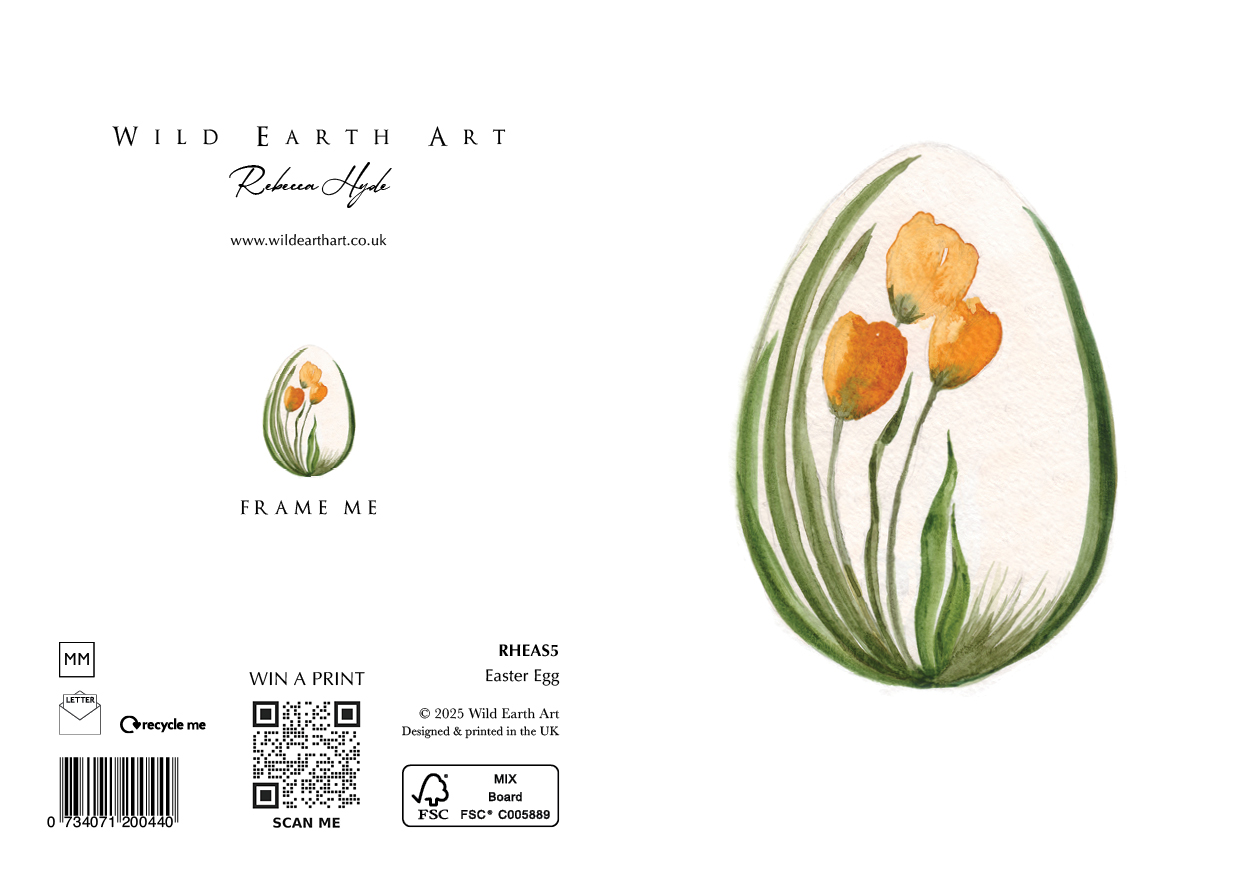 RHEAS5 Easter Egg - Watercolour painting greeting card. nature-inspired design from the Wild Earth Art collection by Rebecca Hyde. Wholesale Greeting cards, Watercolour Painting Artist - Greeting Card Art, Watercolour Painting Botanical, Nature and Animal Artist - Art