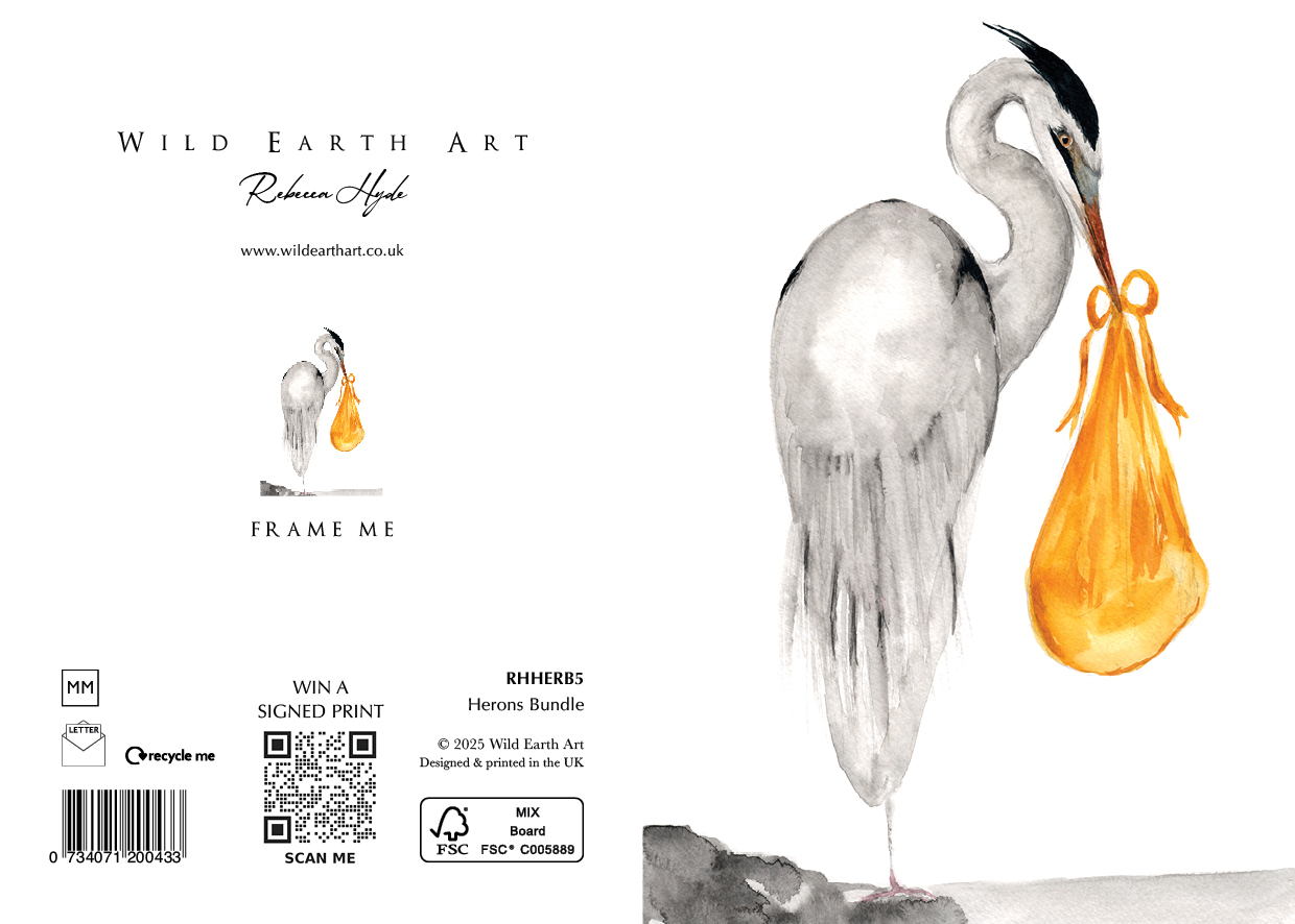 RHHERB5 Herons Bundle - Watercolour painting greeting card. nature-inspired design from the Wild Earth Art collection by Rebecca Hyde. Wholesale Greeting cards, Watercolour Painting Artist - Greeting Card Art, Watercolour Painting Botanical, Nature and Animal Artist - Art