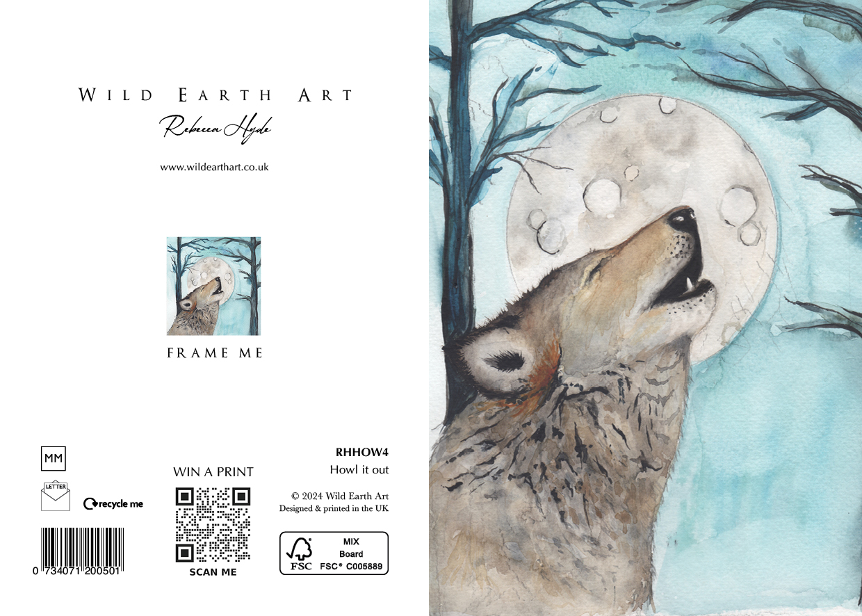 RHHOW4 Howl it out. Watercolour painting greeting card. nature-inspired design from the Wild Earth Art collection by Rebecca Hyde. Wholesale Greeting cards, Watercolour Painting Artist - Greeting Card Art, Watercolour Painting Botanical, Nature and Animal Artist - Art
