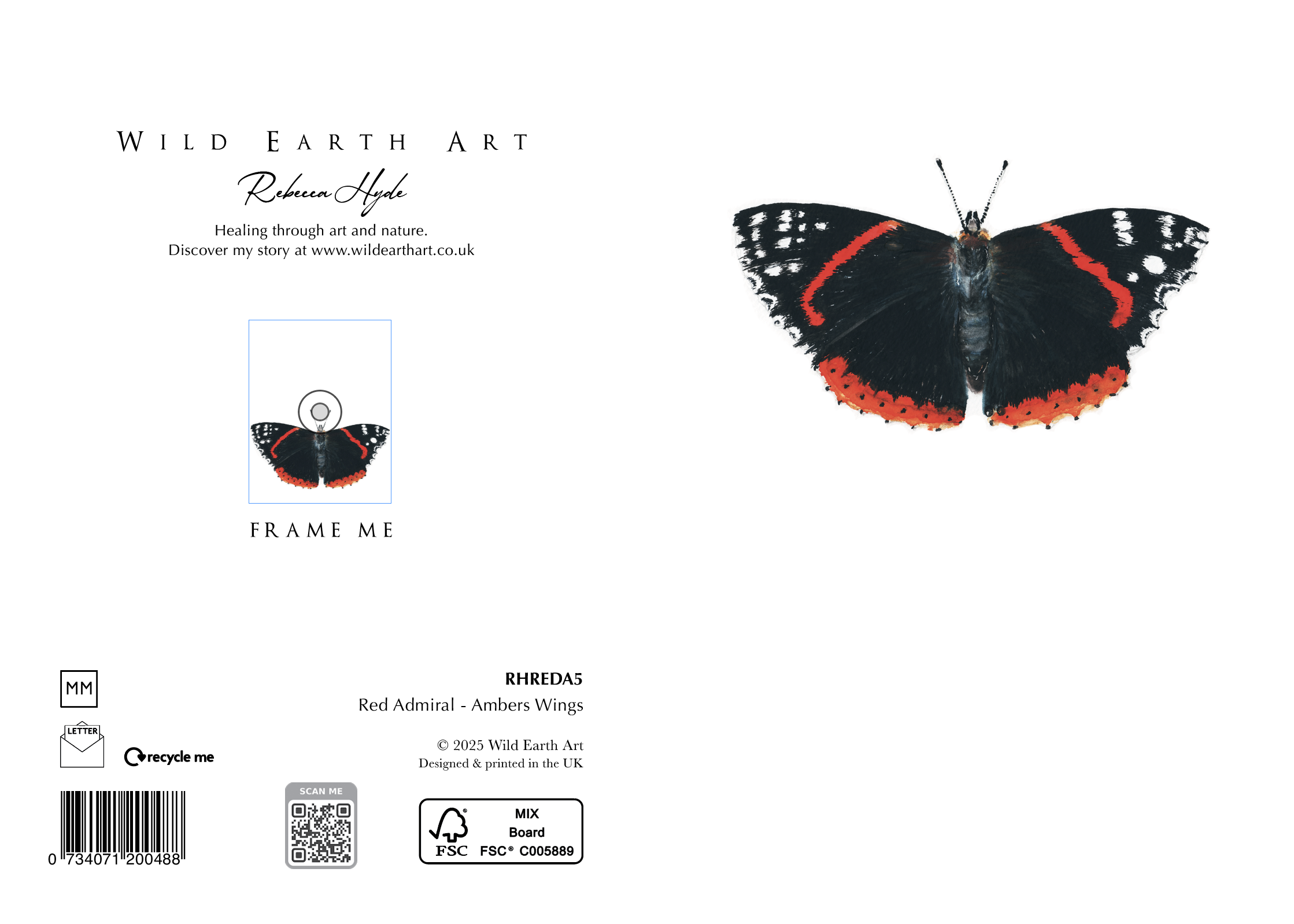 RHREDA5 Red Admiral Ambers Wings - Watercolour painting greeting card. nature-inspired design from the Wild Earth Art collection by Rebecca Hyde. Wholesale Greeting cards, Watercolour Painting Artist - Greeting Card Art, Watercolour Painting Botanical, Nature and Animal Artist - Art