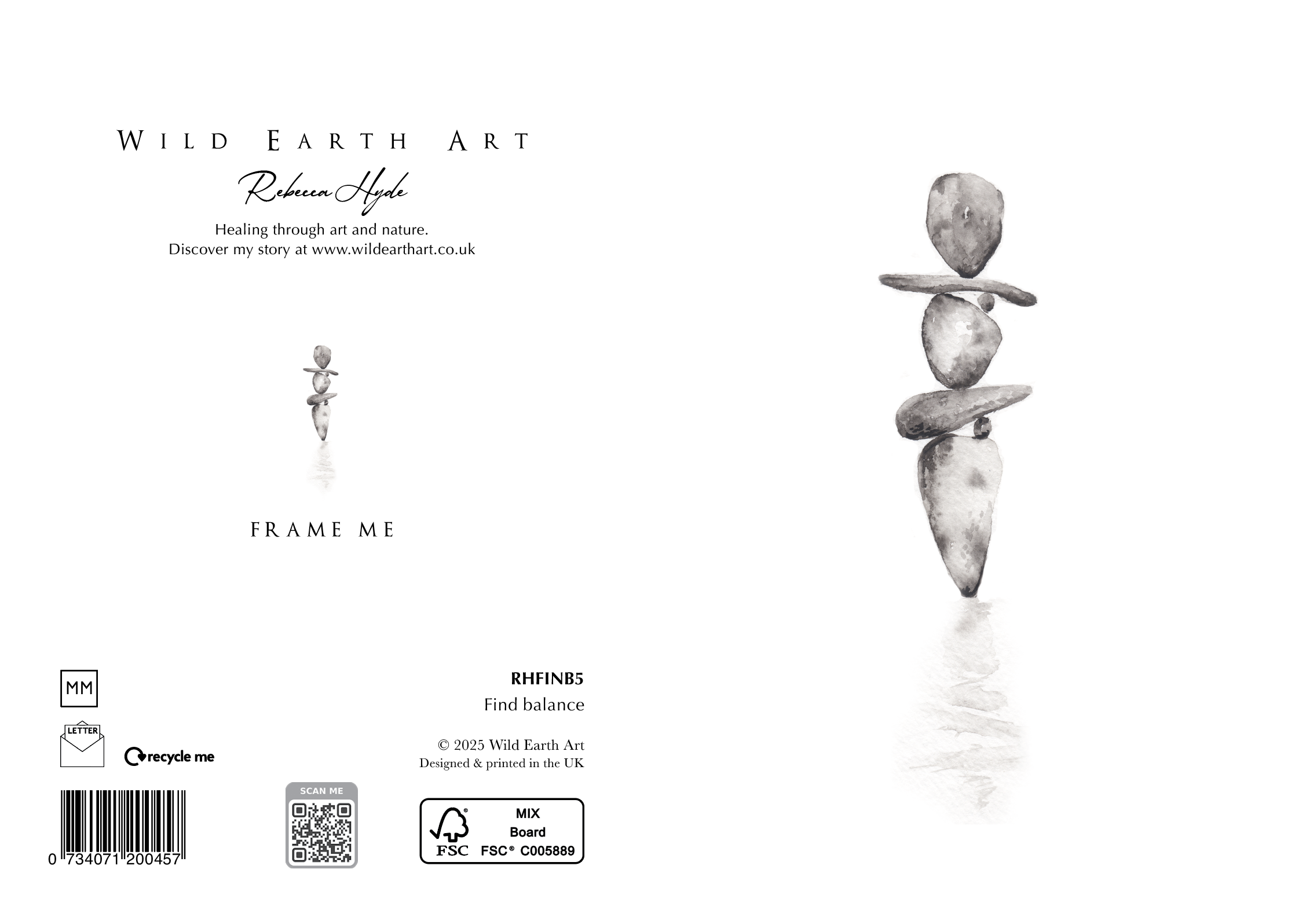 RHFINB5 Find Balance. Watercolour painting greeting card. nature-inspired design from the Wild Earth Art collection by Rebecca Hyde. Wholesale Greeting cards, Watercolour Painting Artist - Greeting Card Art, Watercolour Painting Botanical, Nature and Animal Artist - Art