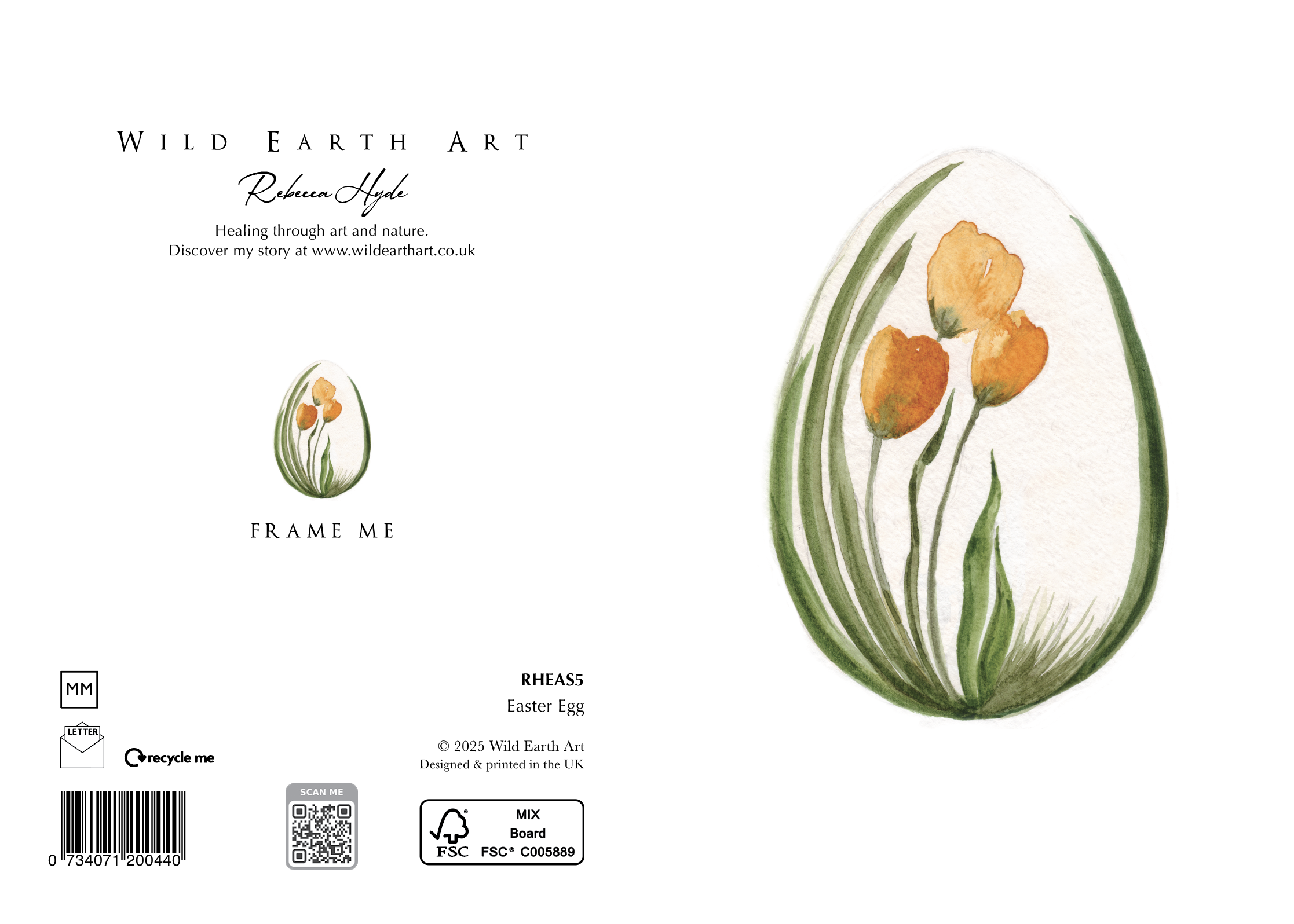 RHEAS5 Easter Egg - Watercolour painting greeting card. nature-inspired design from the Wild Earth Art collection by Rebecca Hyde. Wholesale Greeting cards, Watercolour Painting Artist - Greeting Card Art, Watercolour Painting Botanical, Nature and Animal Artist - Art