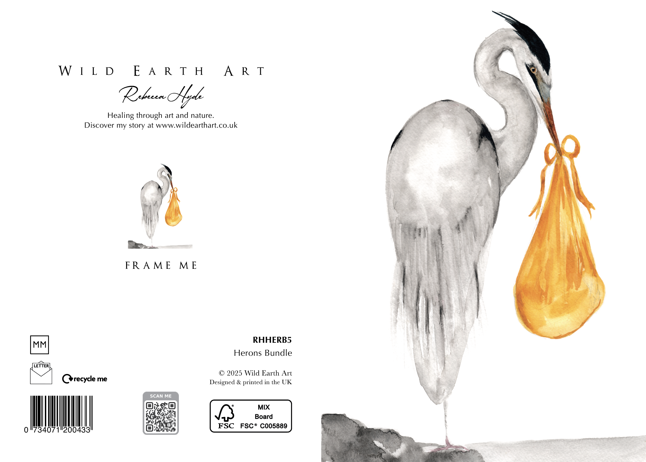 RHHERB5 Herons Bundle - Watercolour painting greeting card. nature-inspired design from the Wild Earth Art collection by Rebecca Hyde. Wholesale Greeting cards, Watercolour Painting Artist - Greeting Card Art, Watercolour Painting Botanical, Nature and Animal Artist - Art