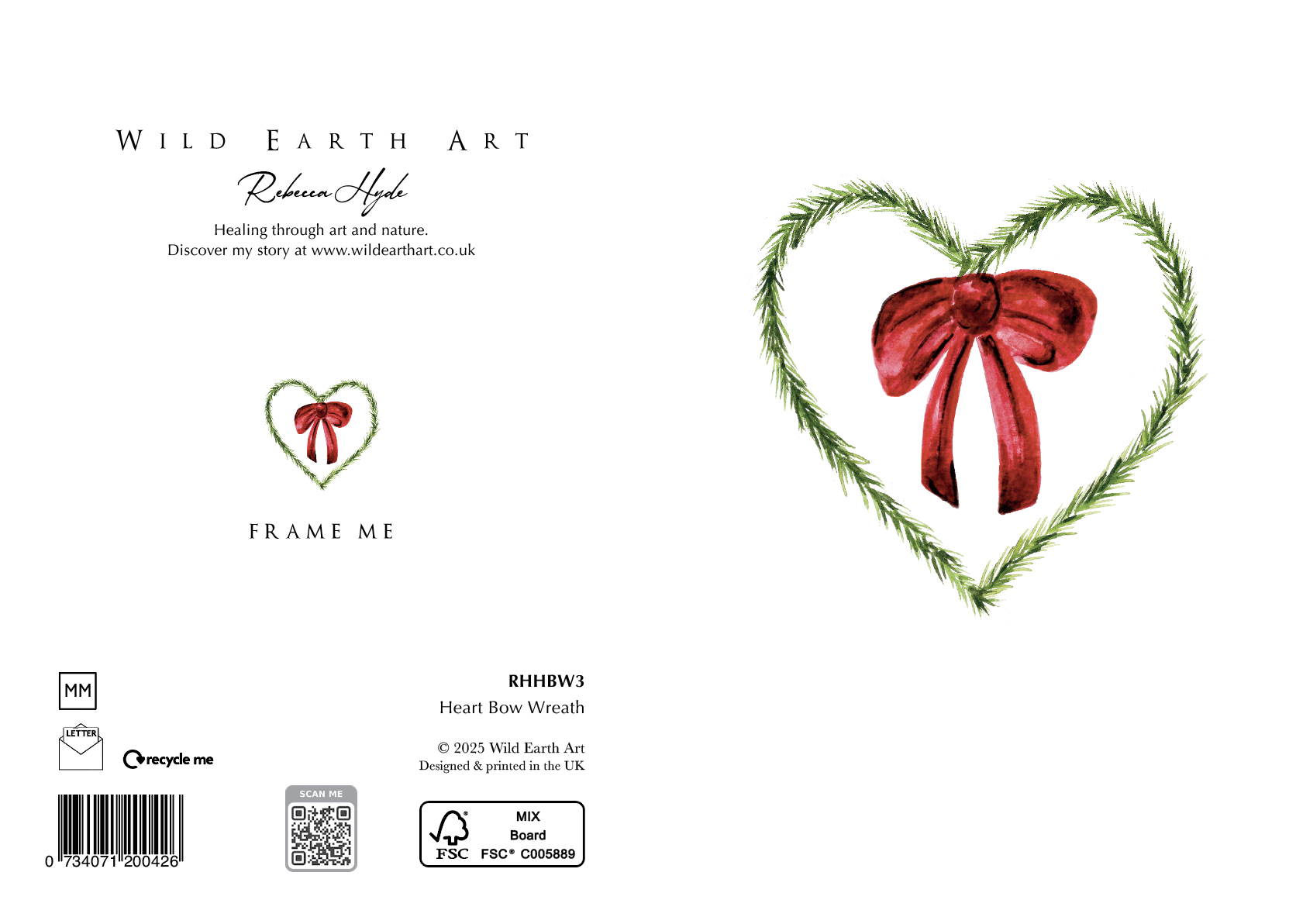 RHHBW3 Heart Bow Wreath. Watercolour painting greeting card. nature-inspired design from the Wild Earth Art collection by Rebecca Hyde. Wholesale Greeting cards, Watercolour Painting Artist - Greeting Card Art, Watercolour Painting Botanical, Nature and Animal Artist - Art