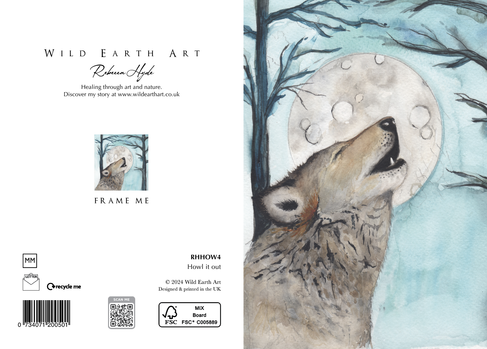 RHHOW4 Howl it out. Watercolour painting greeting card. nature-inspired design from the Wild Earth Art collection by Rebecca Hyde. Wholesale Greeting cards, Watercolour Painting Artist - Greeting Card Art, Watercolour Painting Botanical, Nature and Animal Artist - Art