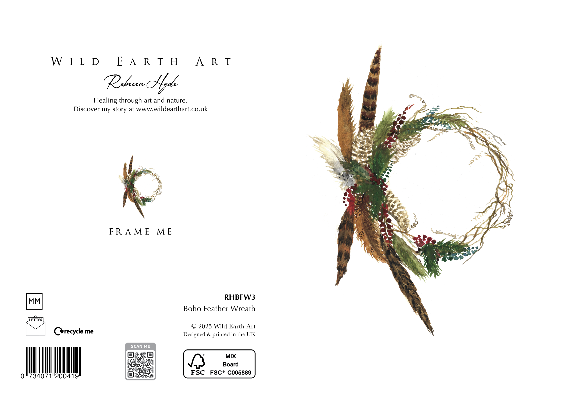 RHBFW3 Boho Feather Wreath. Watercolour painting greeting card. nature-inspired design from the Wild Earth Art collection by Rebecca Hyde. Wholesale Greeting cards, Watercolour Painting Artist - Greeting Card Art, Watercolour Painting Botanical, Nature and Animal Artist - Art