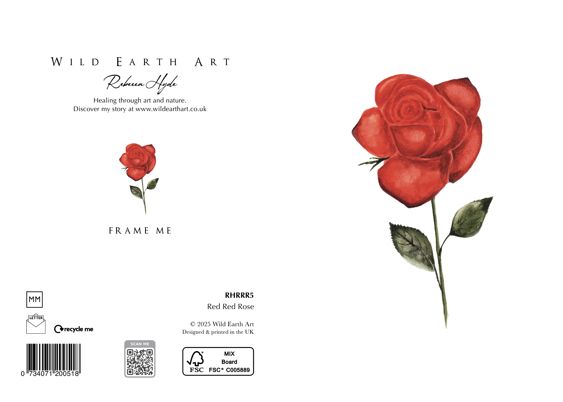 RHRRR5 Red Red Rose. Watercolour painting greeting card. nature-inspired design from the Wild Earth Art collection by Rebecca Hyde. Wholesale Greeting cards, Watercolour Painting Artist - Greeting Card Art, Watercolour Painting Botanical, Nature and Animal Artist - Art