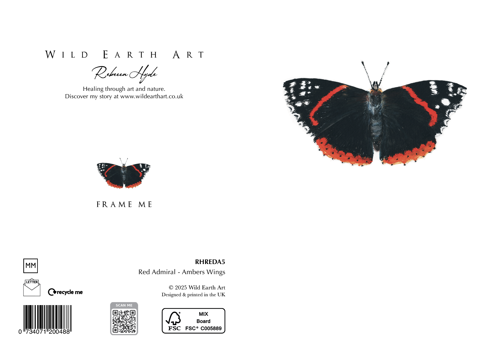 Red Admiral - Ambers Wings. Watercolour painting greeting card. nature-inspired design from the Wild Earth Art collection by Rebecca Hyde. Wholesale Greeting cards, Watercolour Painting Artist - Greeting Card Art, Watercolour Painting Botanical, Nature and Animal Artist - Art
