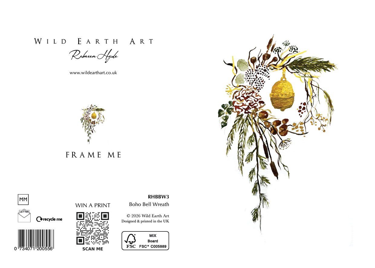 Boho Bell Wreath - A delicate, nature-inspired design from the Wild Earth Art collection. This card features a hand-painted watercolour of a Gold Bell boho Wreath - watercolour painting greeting card by Rebecca Hyde and is beautifully crafted to be frame-worthy – perfect as a keepsake or a thoughtful gift.
