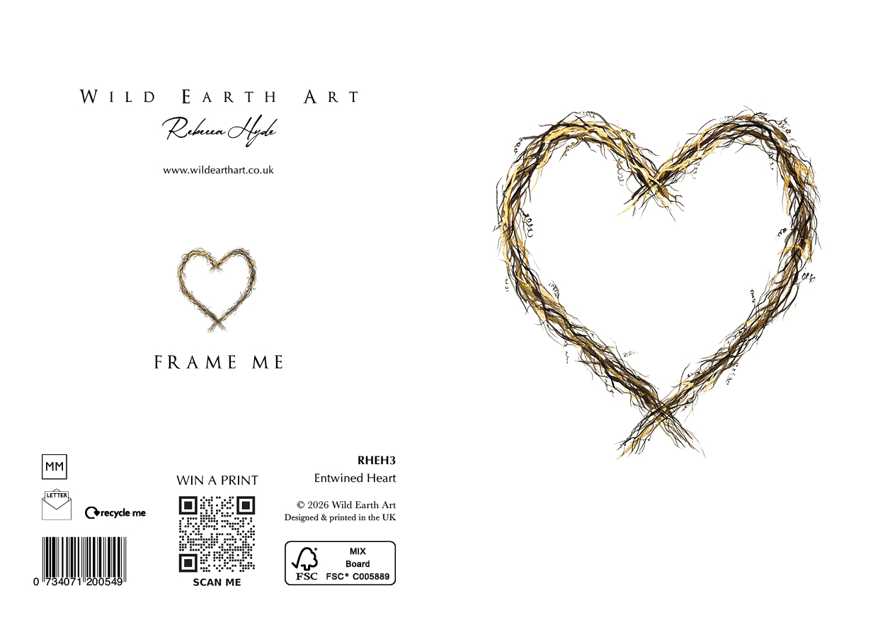 Entwined Heart - A delicate, nature-inspired design from the Wild Earth Art collection. This card features a hand-painted watercolour of a twiggy Entwined Heart Wreath - watercolour painting greeting card by Rebecca Hyde and is beautifully crafted to be frame-worthy – perfect as a keepsake or a thoughtful gift.