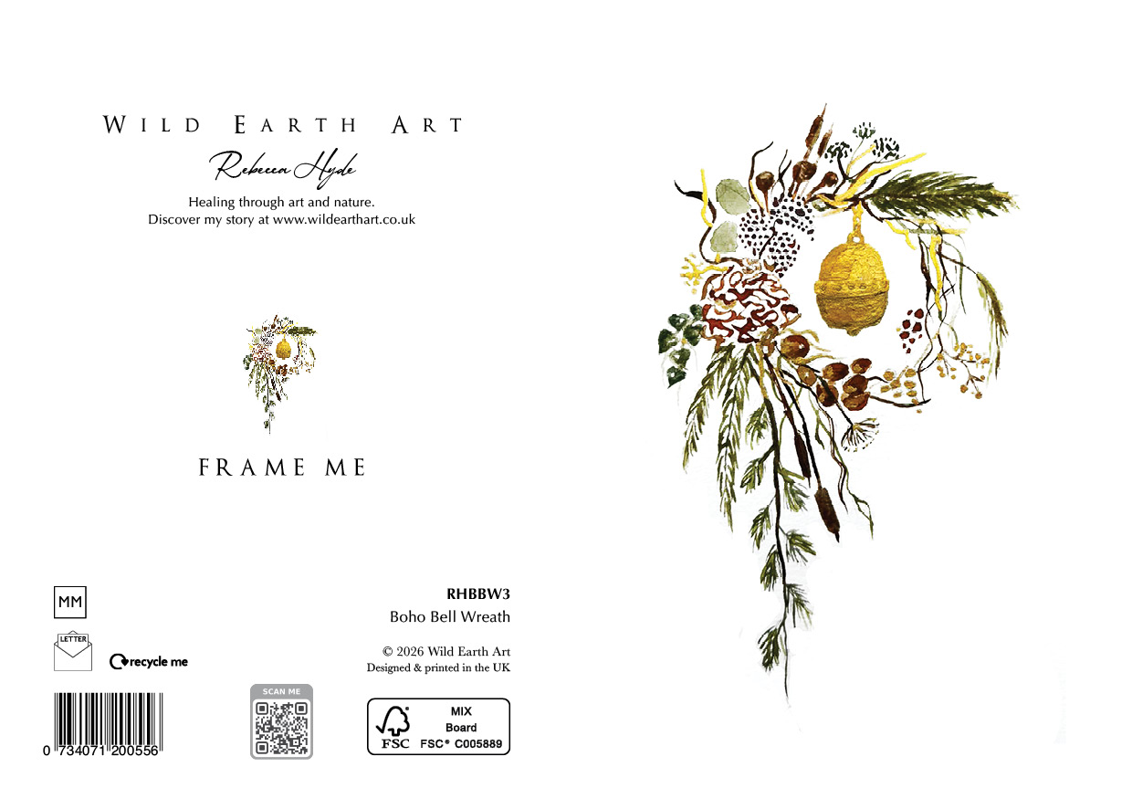 Boho Bell Wreath - A delicate, nature-inspired design from the Wild Earth Art collection. This card features a hand-painted watercolour of a Gold Bell boho Wreath - watercolour painting greeting card by Rebecca Hyde and is beautifully crafted to be frame-worthy – perfect as a keepsake or a thoughtful gift.