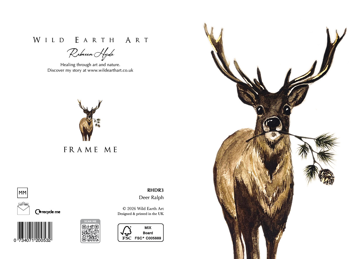 Deer Ralph - - A delicate, nature-inspired design from the Wild Earth Art collection. This card features a hand-painted watercolour of a Gold Bell boho Wreath - watercolour painting greeting card by Rebecca Hyde and is beautifully crafted to be frame-worthy – perfect as a keepsake or a thoughtful gift.