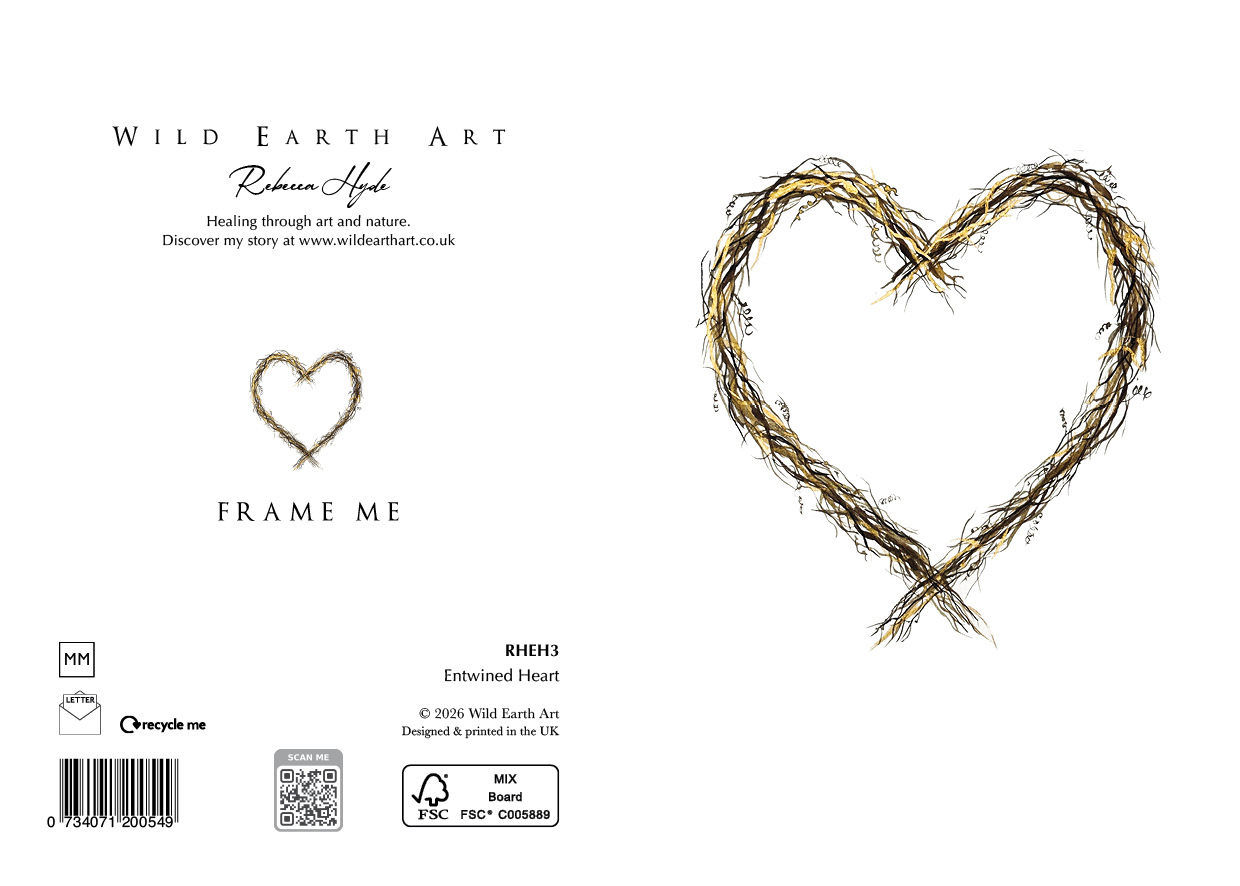 Entwined Heart - A delicate, nature-inspired design from the Wild Earth Art collection. This card features a hand-painted watercolour of a twiggy Entwined Heart Wreath - watercolour painting greeting card by Rebecca Hyde and is beautifully crafted to be frame-worthy – perfect as a keepsake or a thoughtful gift.